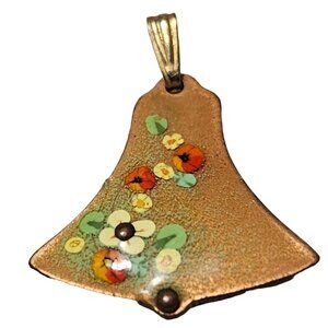 Vintage Handpainted Floral Copper Bell Pendant Signed Laura Boho Fashion Jewelry